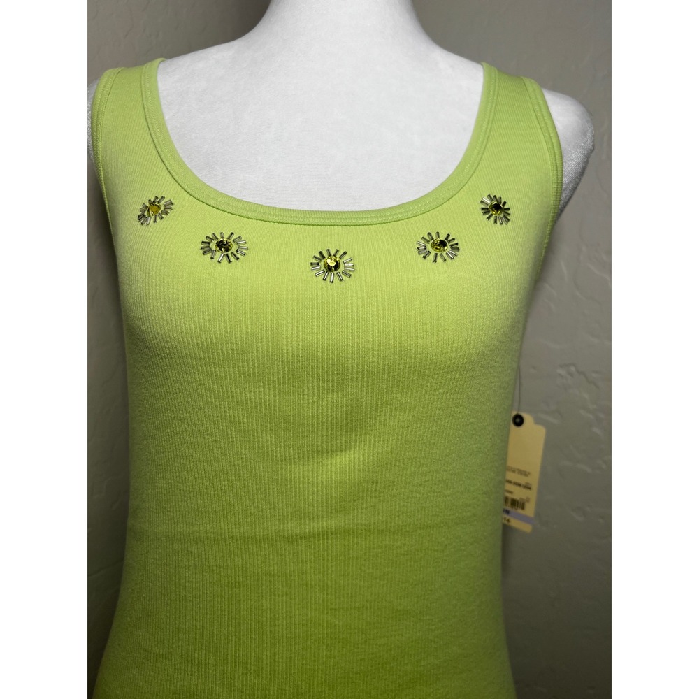 St. Johns Bay Lime Green Embellished Ribbed Tank Top Petite Medium NWT